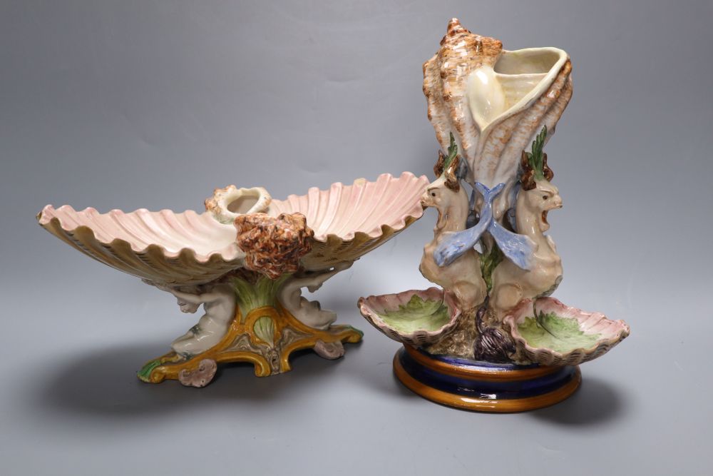 Two 19th century Ginori maiolica shell centrepieces, tallest 23cm